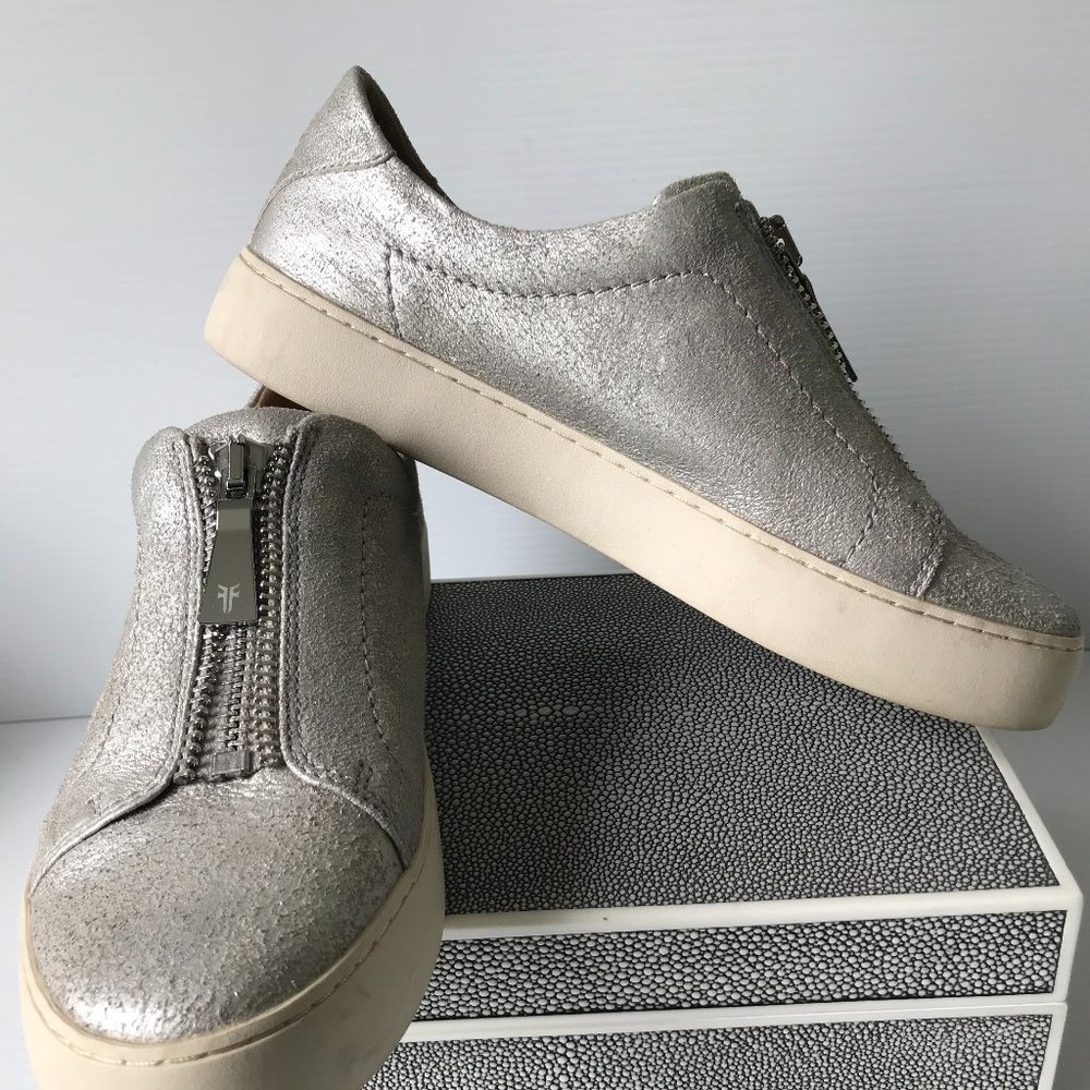 Frye Lena Metallic Leather Zip Sneaker Silver